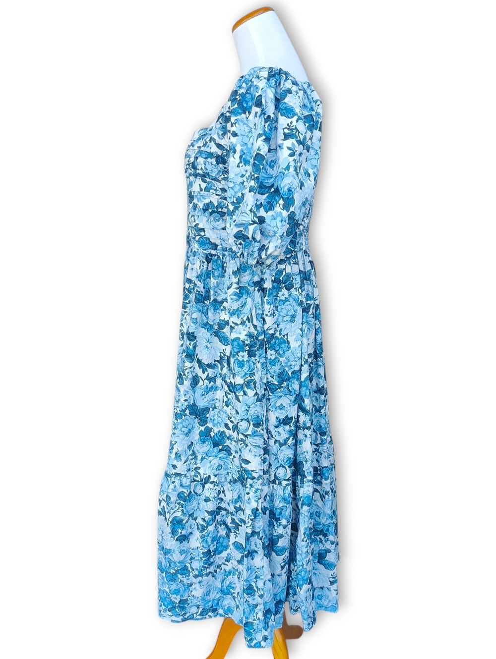 Abercrombie & Fitch Emerson Blue Floral Poplin Puff Sleeve Midi Dress Size LT - Picture 5 of 10